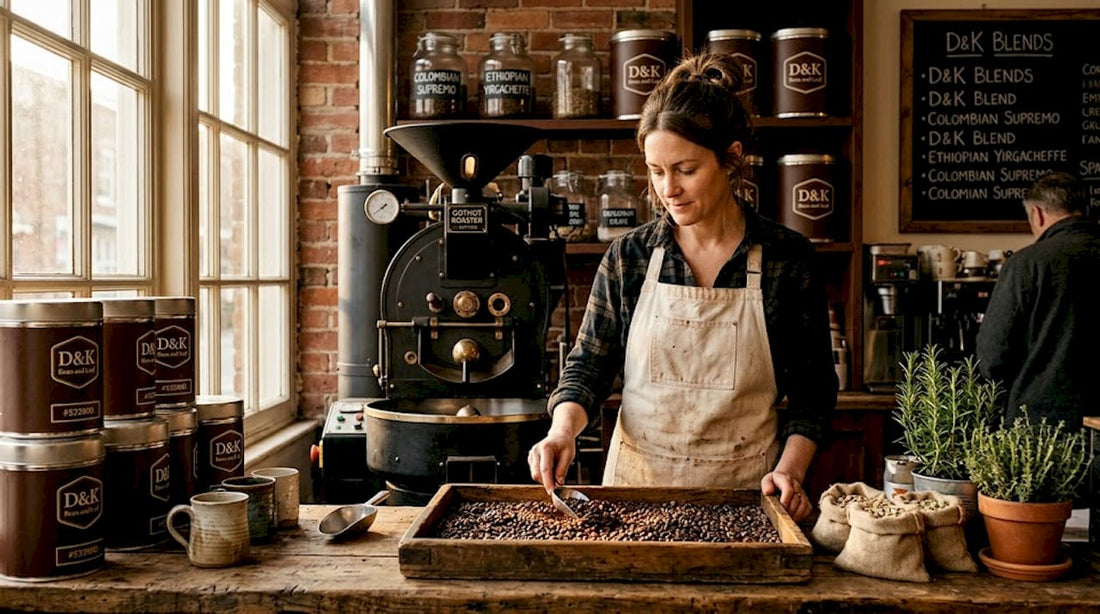 Barista checks fresh coffee beans at roaster