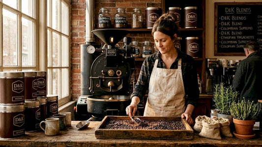 Barista checks fresh coffee beans at roaster