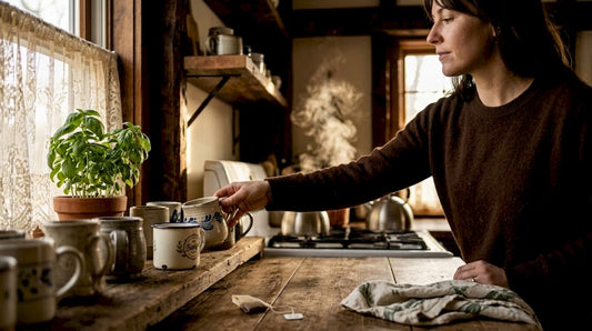 Woman reaching for mug on sunlit kitchen shelf