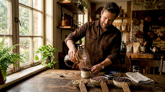 Man preparing coffee with different roast beans
