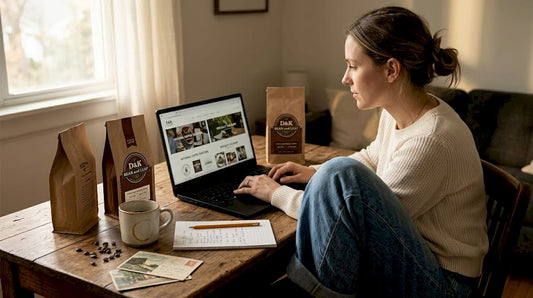 Woman comparing coffee and tea sites on laptop