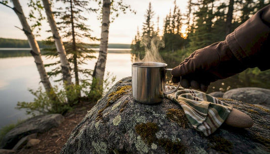 Stainless steel camp mug at outdoor campsite