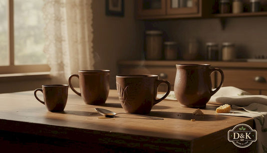 Assorted coffee mugs on stone kitchen counter