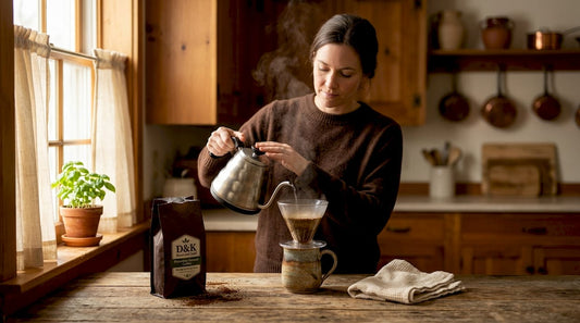 Woman brewing coffee with visible coffee bloom