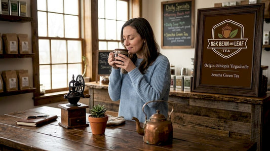 Woman smelling fresh coffee grounds in kitchen