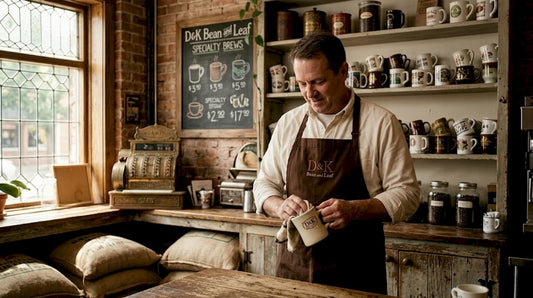 Barista with historic mugs in cozy café