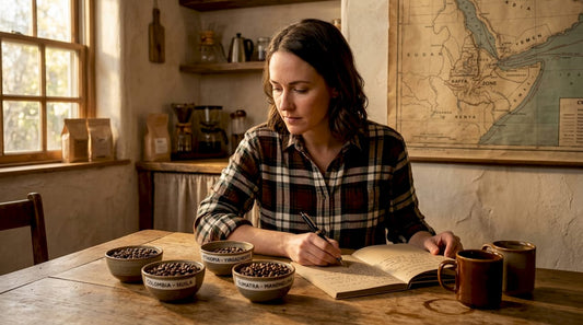 Woman examines coffee beans by origin