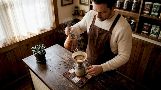 Barista making pour-over coffee at rustic café