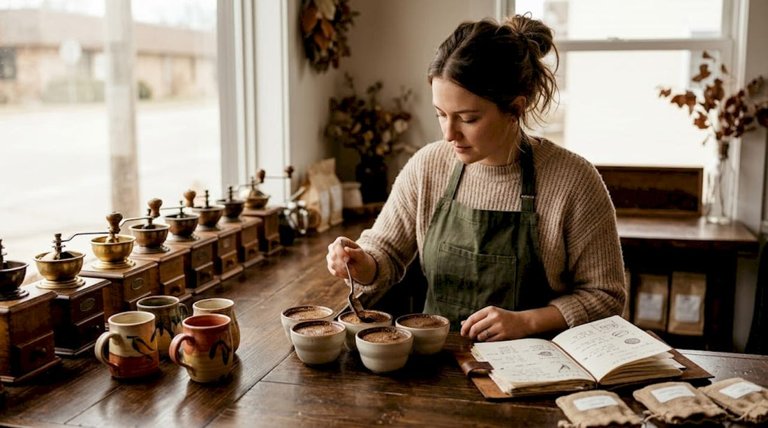 Barista preparing coffee cupping bowls in café