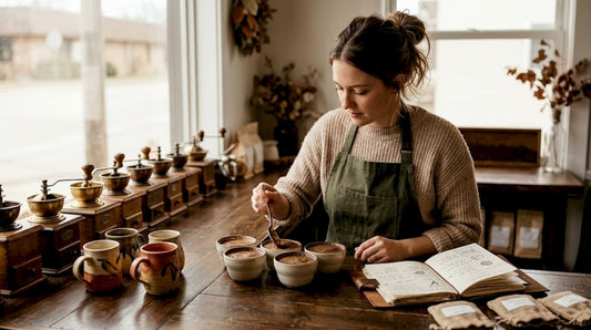 Barista preparing coffee cupping bowls in café