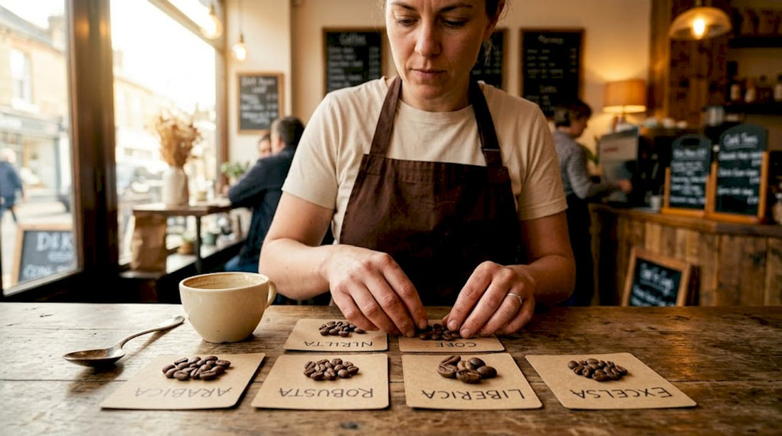 Barista sorting four types of coffee beans