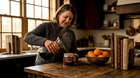 Pouring black coffee in sunlit kitchen