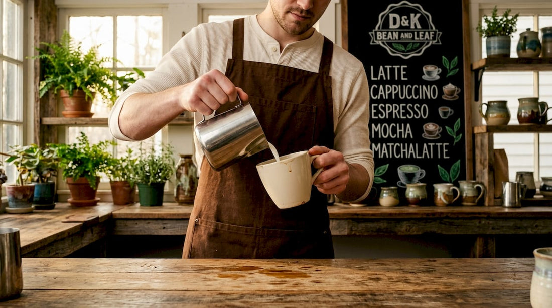 Barista pours latte in wide café mug