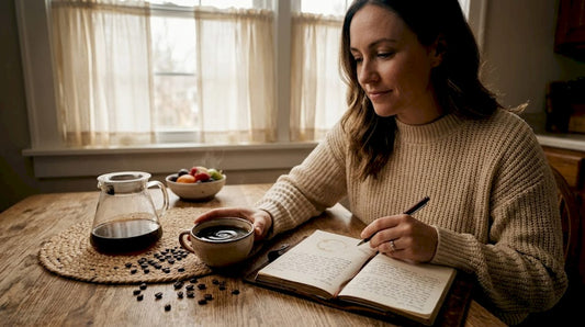 Woman tasting coffee and writing notes at table