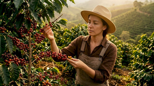 Farmer inspecting ripe coffee cherries