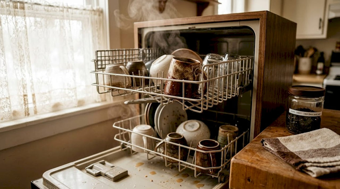 Stoneware coffee mug on dishwasher rack