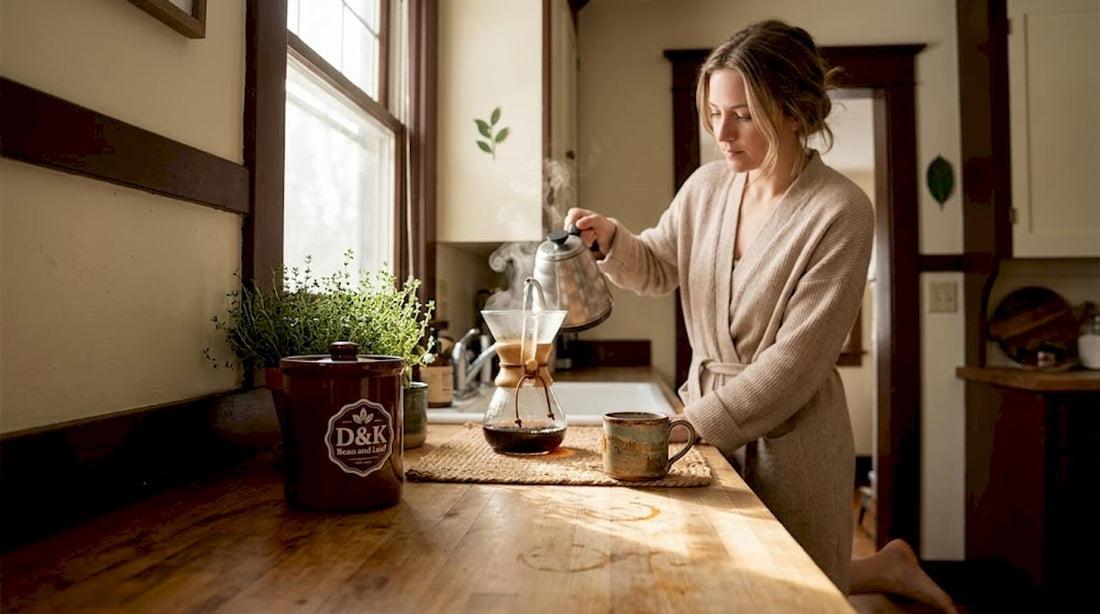 Woman starting morning coffee ritual at home