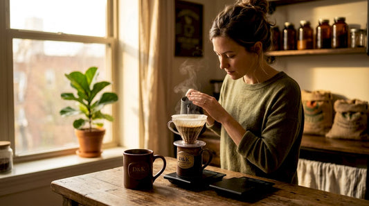 Woman brewing pour over coffee in kitchen