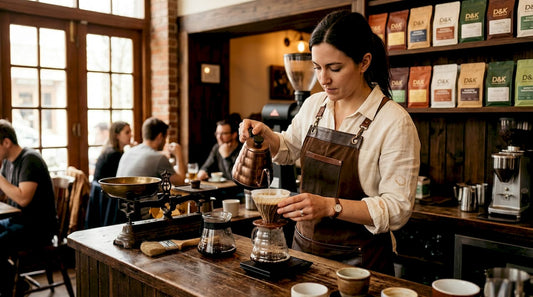 Barista preparing specialty pour-over coffee in cafe