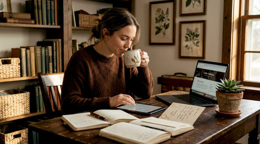Woman in cozy office drinking coffee from ceramic mug