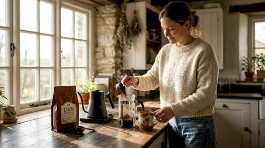 Woman preparing coffee at kitchen counter with French press