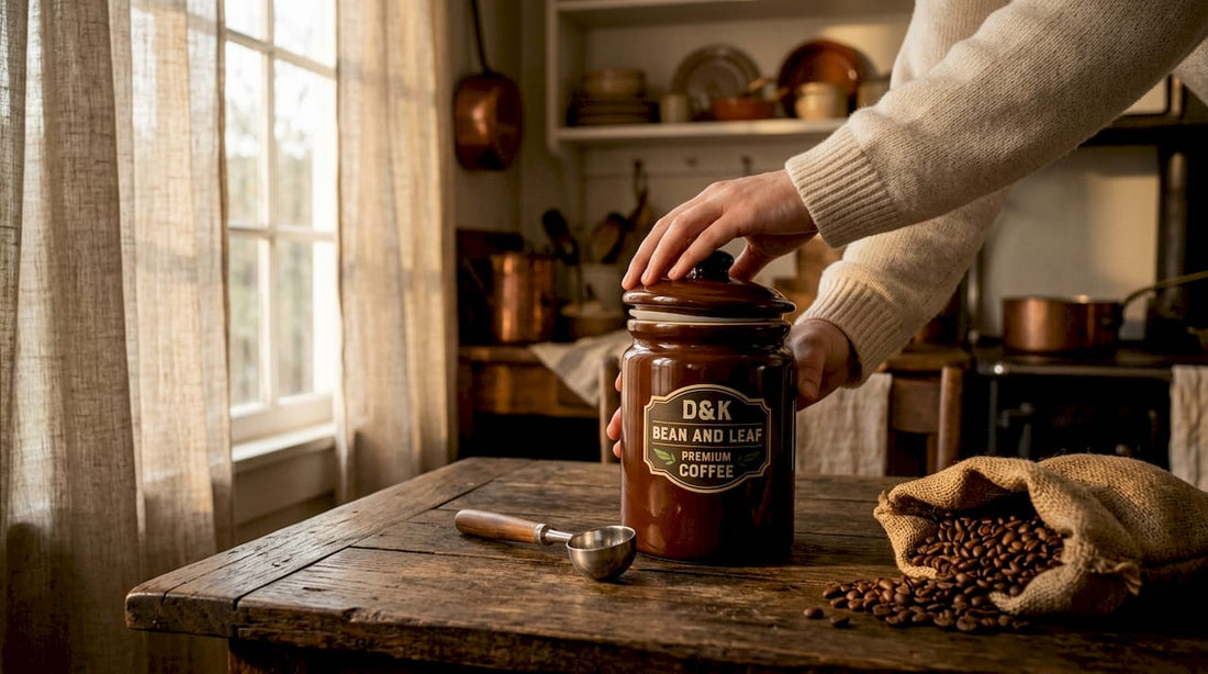 Hands storing coffee beans in airtight canister