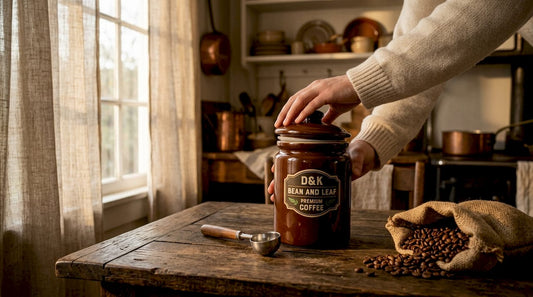 Hands storing coffee beans in airtight canister
