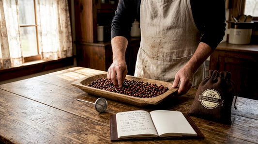 Hands stirring coffee cherries in wood tray