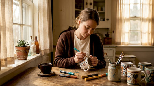 Person customizing coffee mug at home kitchen table