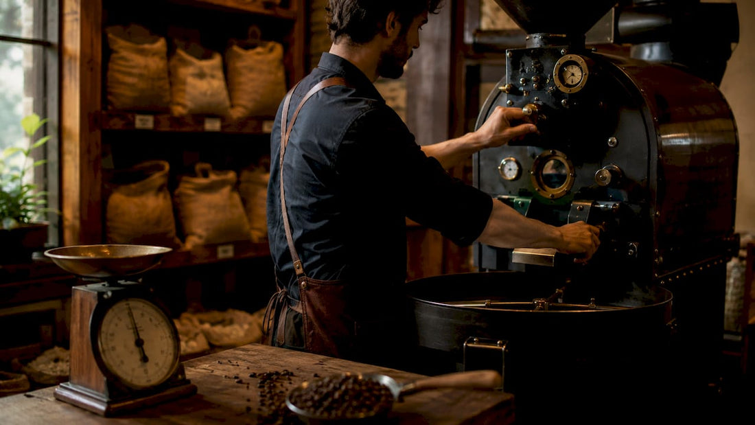 Close-up of hands monitoring coffee roasting process