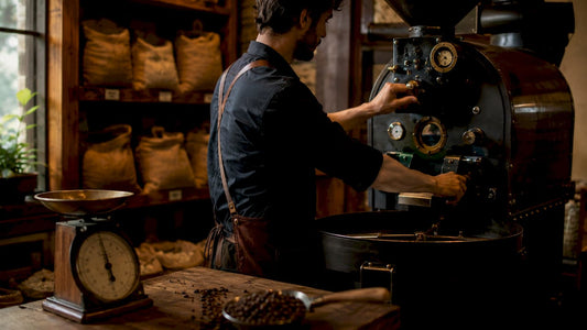 Close-up of hands monitoring coffee roasting process