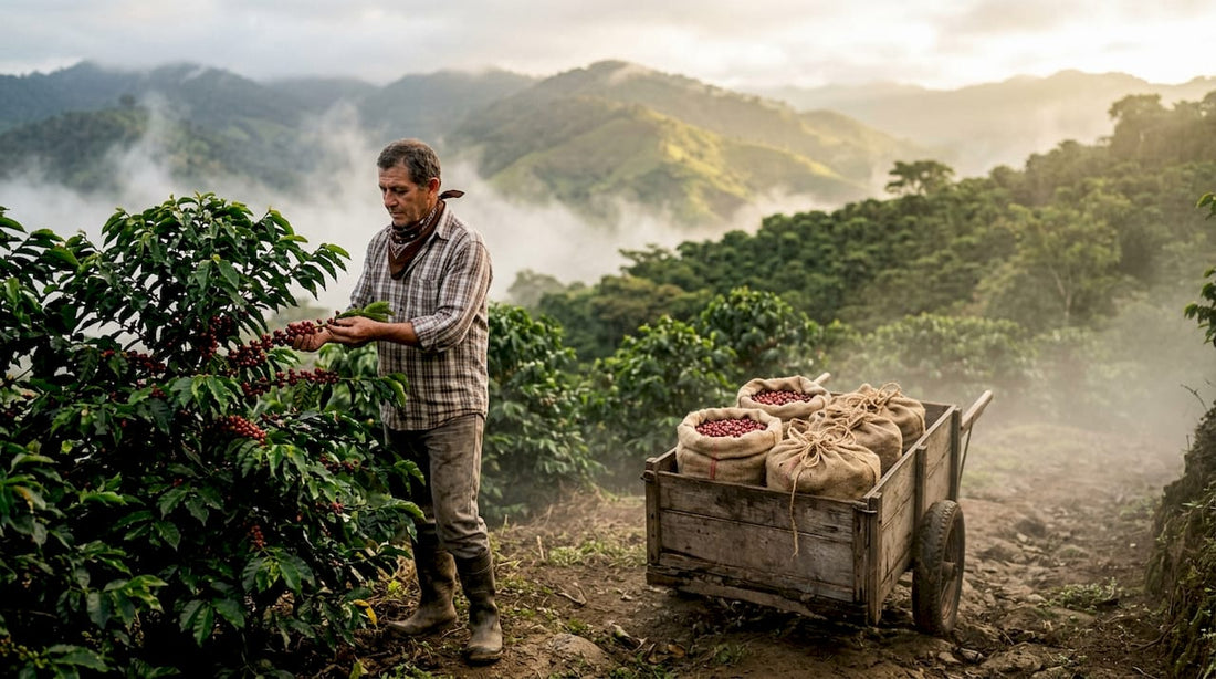 Coffee farmer inspecting cherries in high-altitude plantation