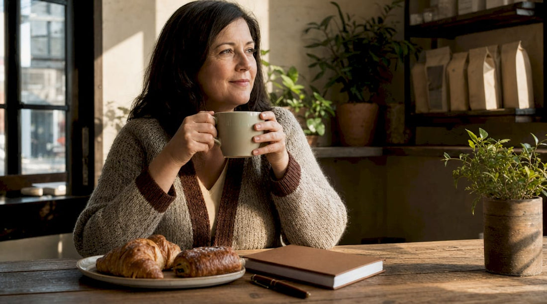 Woman enjoying coffee with gift mug at table