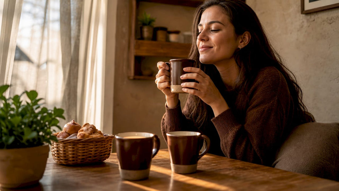 Young woman at kitchen table with matching mugs