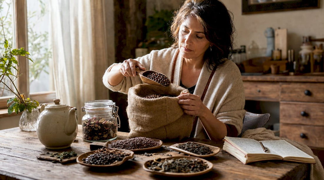 Woman reviewing coffee and tea selections at kitchen table