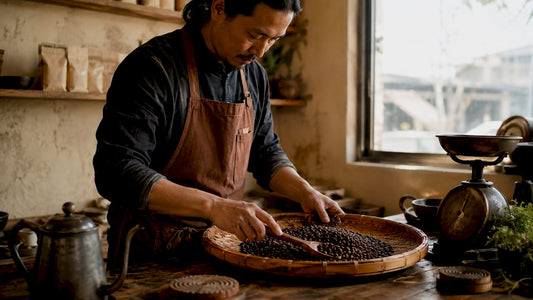 Barista checking freshly roasted coffee beans cooling