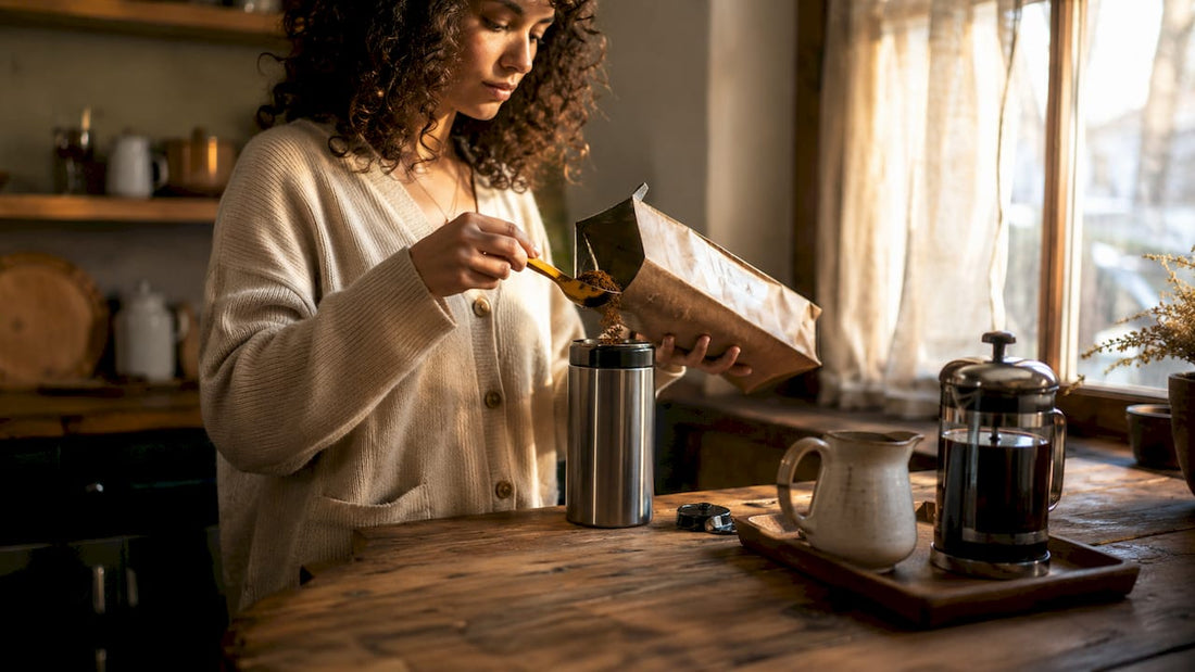 Woman preparing coffee grounds in home kitchen
