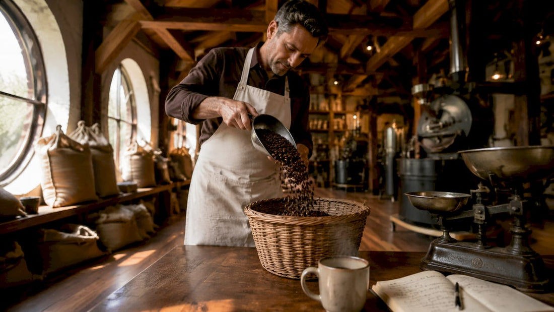 Barista scooping freshly roasted coffee beans in roastery