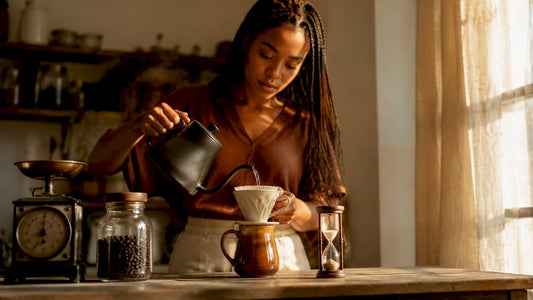 Woman brewing coffee using pour-over dripper on mug