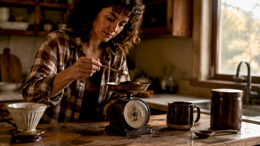 Home brewer measuring coffee grounds on scale