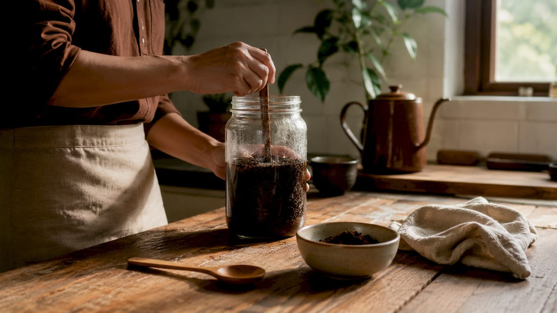 Hands stirring cold brew coffee in jar