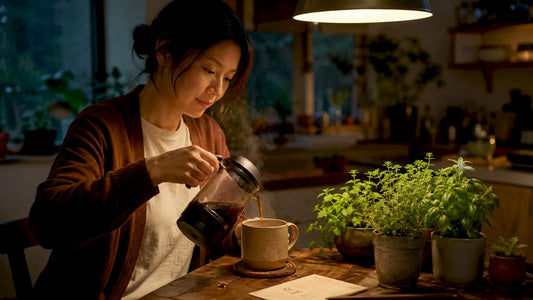Woman pouring coffee into ceramic mug at kitchen table