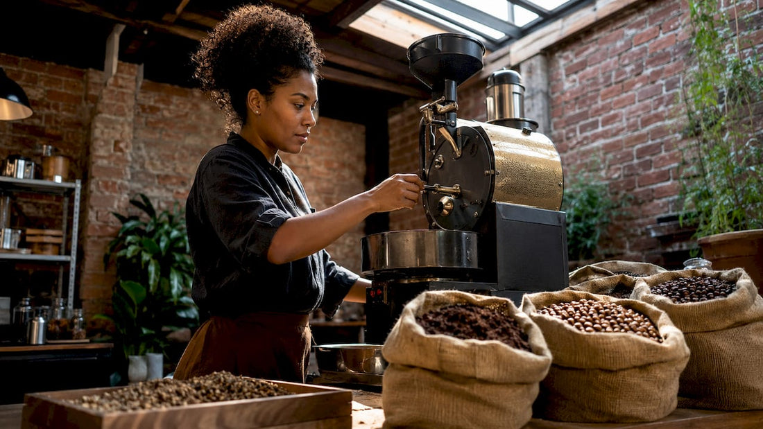 Home roaster roasting coffee beans with chaff
