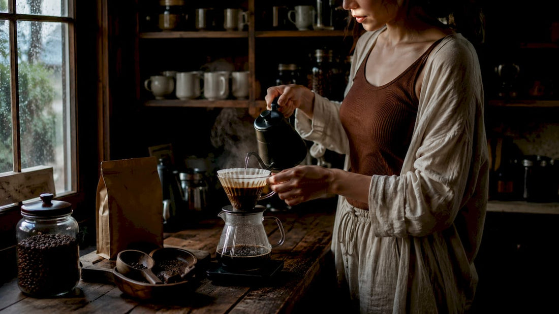 Woman brewing coffee with pour over at home