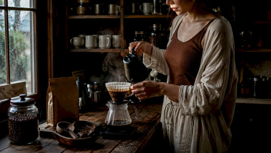 Woman brewing coffee with pour over at home