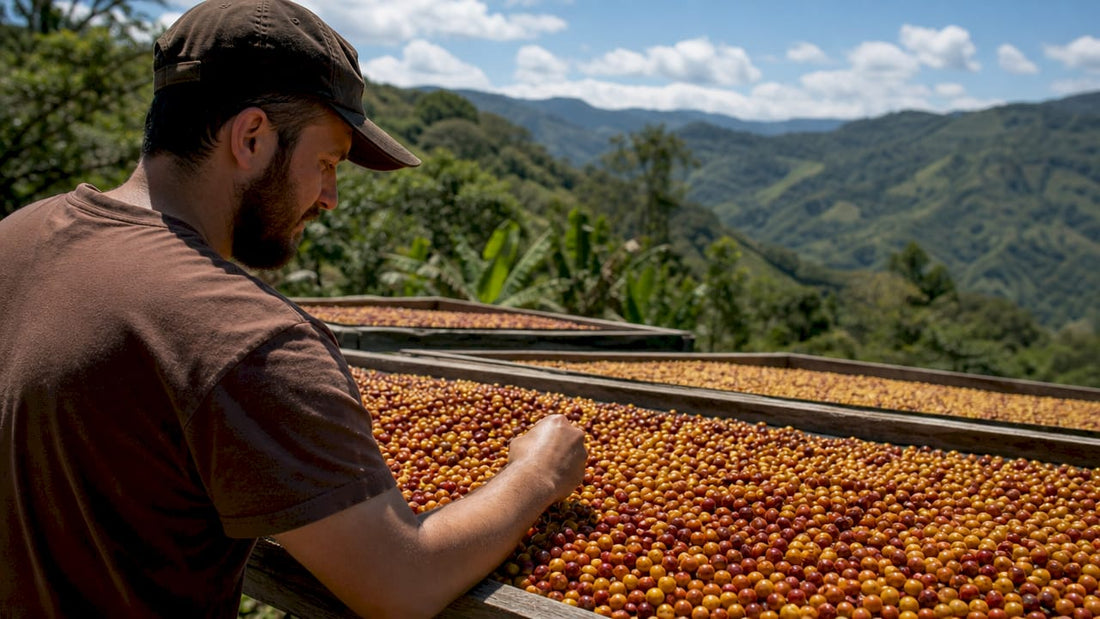 Coffee beans drying on raised beds with mucilage