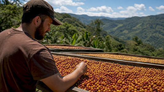 Coffee beans drying on raised beds with mucilage