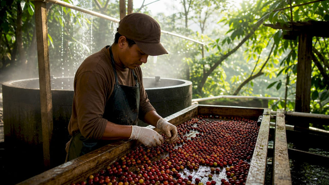 Worker sorting wet processed coffee cherries