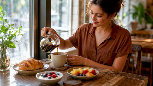 Woman pouring coffee next to breakfast foods