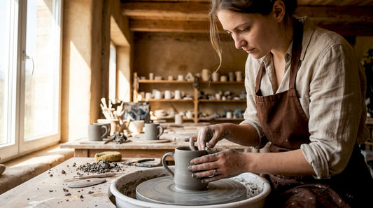 Hands shaping ceramic mug on pottery wheel